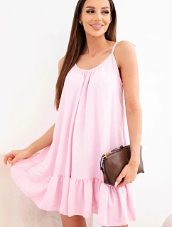 Dámske viskózové šaty bez ramienok s volánom a viazacím pásom candy pink
