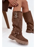 Kožené semišové dámské kozačky s přezkami zateplené Big Star model 21758942 béžové - Big Star Shoes