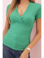 Dámská pruhovaná bavlněná blůza s model 21820457 výstřihem zelená - K-Fashion