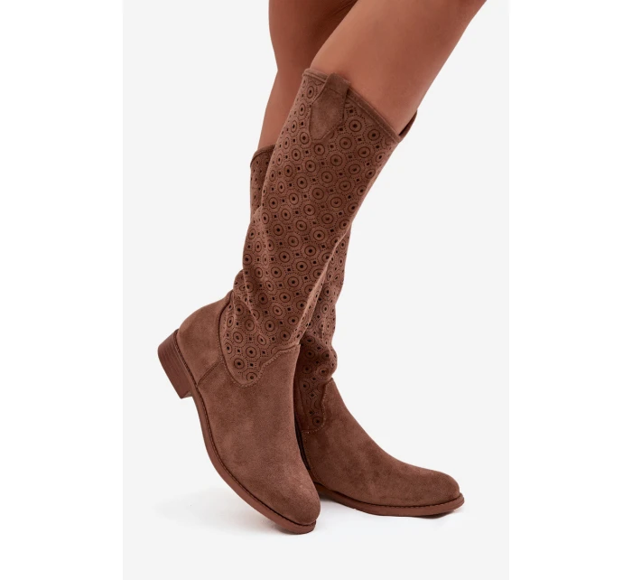 Kozaki Damskie Na Płaskim Obcasie Z Ażurowym Wzorem S.Barski HY52-531 Brązowe