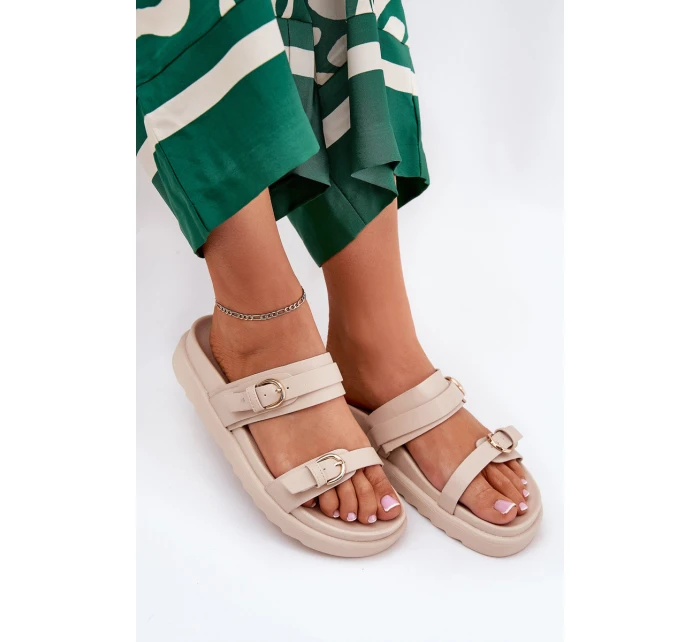 Klapki Damskie Na Platformie Ze Złotymi Klamrami Beżowe Wernone