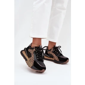 Skórzane Sneakersy Damskie Na Platformie Panterka Artiker 55C0134 Czarne