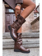 Vlněné dámské kozačky do  s pásky a přezkami hnědé model 21711786 - Boto