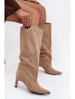 Dámské kozačky z eko semiše nazouvací na jehlovém podpatku béžové model 21770290 - Boto