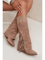 Dámske kovbojské čižmy Zalia s strapcami na podpätku - béžové Dámske kovbojské čižmy Zalia s strapcami na podpätku - béžové