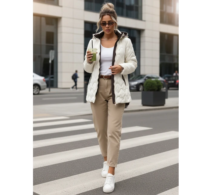 Dámska prešívaná prechodná bunda s odnímateľnou kapucňou ecru TY5624