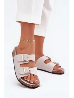 Klapki Damskie Ze Złotymi Klamrami I Przeszyciami Szare Lunera