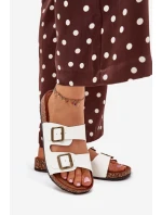 Damskie Klapki Na Korkowej Platformie Z Klamrami Białe Vesina