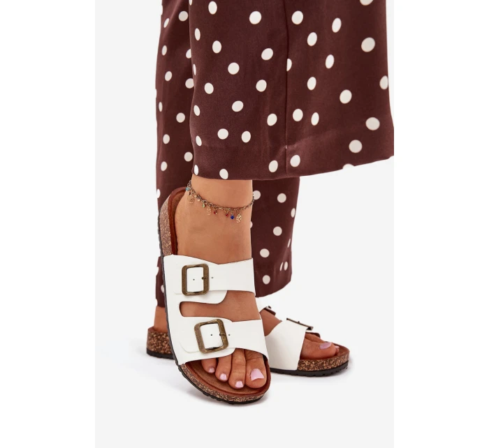 Damskie Klapki Na Korkowej Platformie Z Klamrami Białe Vesina