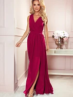 JUSTINE - Dlhé dámske šaty v bordovej farbe s výstrihom a zaväzovaním 362-5