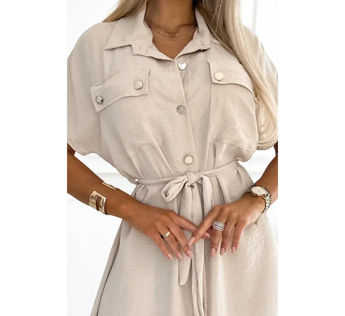 Béžové dámské košilové midi šaty se zlatými zavazováním a krátkými rukávy model 20187384 - numoco basic Béžové dámské košilové midi šaty se zlatými zavazováním a krátkými rukávy model 20187384 - numoco basic