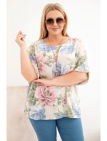 Dámská bavlněná halenka Plus Size s krátkým rukávem a květinovým vzorem béžová