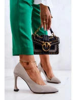 Modne Skórzane Szpilki Jasnoszare Tamira