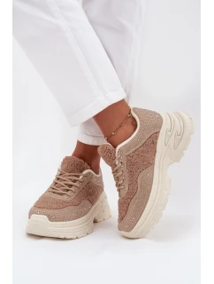 Sneakersy Damskie Z Cyrkoniami I Futerkiem Typu Baranek Beżowe Zarika