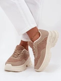 Sneakersy Damskie Z Cyrkoniami I Futerkiem Typu Baranek Beżowe Zarika