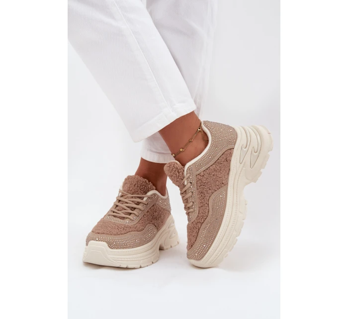 Sneakersy Damskie Z Cyrkoniami I Futerkiem Typu Baranek Beżowe Zarika Sneakersy Damskie Z Cyrkoniami I Futerkiem Typu Baranek Beżowe Zarika