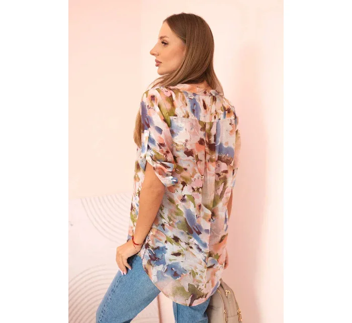 Dámske viskózové tričko s 3/4 rukávmi s akvarelovým vzorom v béžovej farbe Dámske viskózové tričko s 3/4 rukávmi s akvarelovým vzorom v béžovej farbe