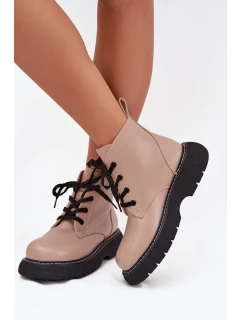 Zateplené dámské kotníkové boty na platformě s šněrováním tmavě béžové model 21711003 - Boto