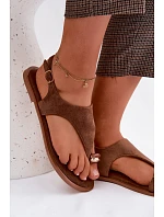 Dámské sandály Ploché S Zlatým Detalem Eko Semiš Hnědé Jelviane