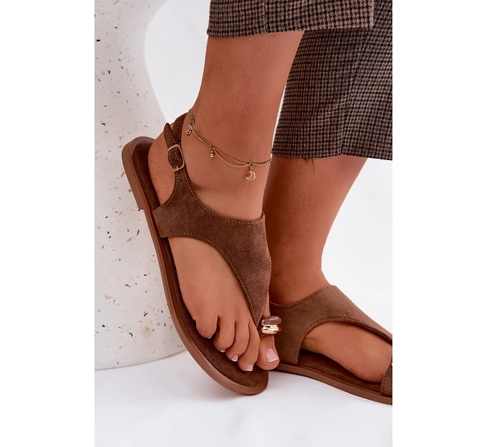 Dámské sandály Ploché S Zlatým Detalem Eko Semiš Hnědé Jelviane