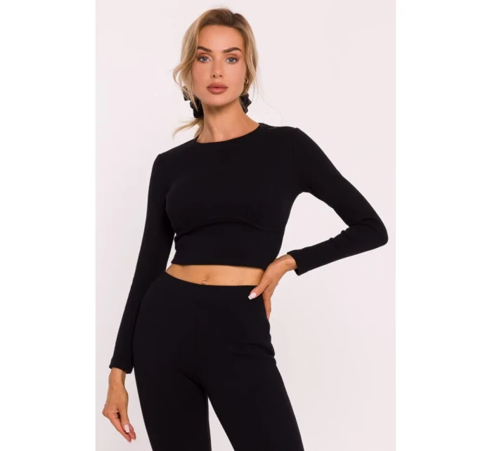 M817 Rebrovaný korzetový top s dlhými rukávmi - čierny