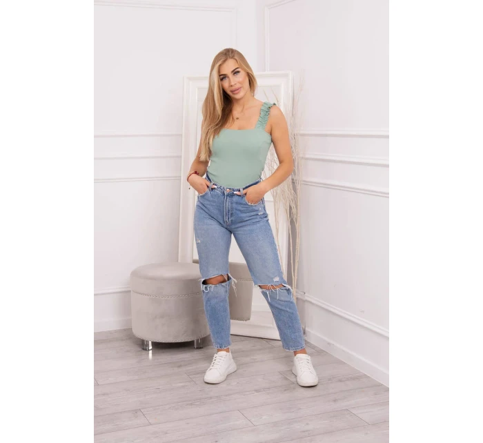 Blúzka s volánikmi bez ramienok tmavá mätová Blúzka s volánikmi bez ramienok tmavá mätová