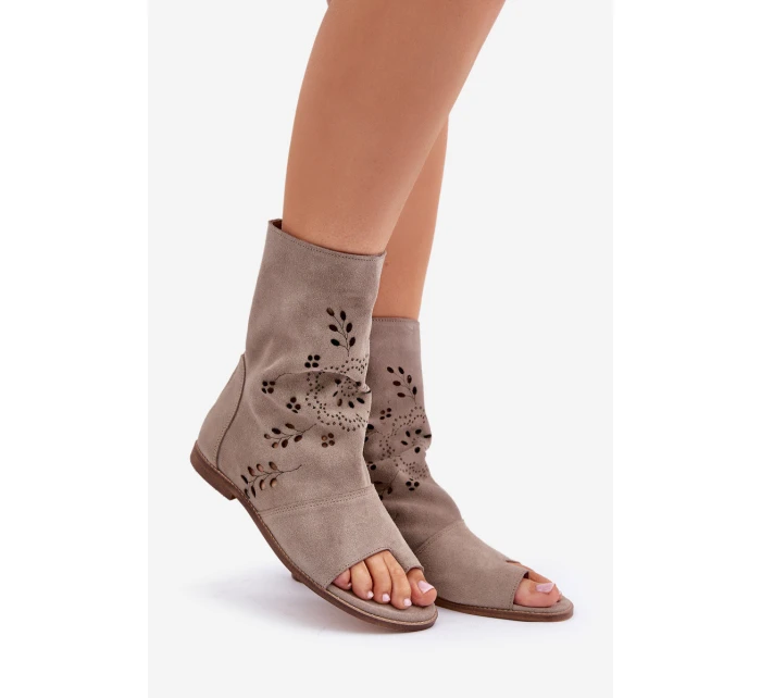 Zazoo 3437 Damskie Zamszowe Sandały Z Cholewką Na Zamek Beżowe