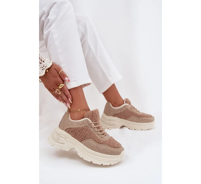Sneakersy Damskie Z Cyrkoniami I Futerkiem Typu Baranek Beżowe Zarika Sneakersy Damskie Z Cyrkoniami I Futerkiem Typu Baranek Beżowe Zarika