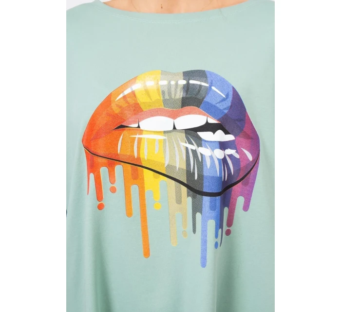 Oversize halenka s potiskem model 18745336 rtů tmavě mátová - K-Fashion Oversize halenka s potiskem model 18745336 rtů tmavě mátová - K-Fashion