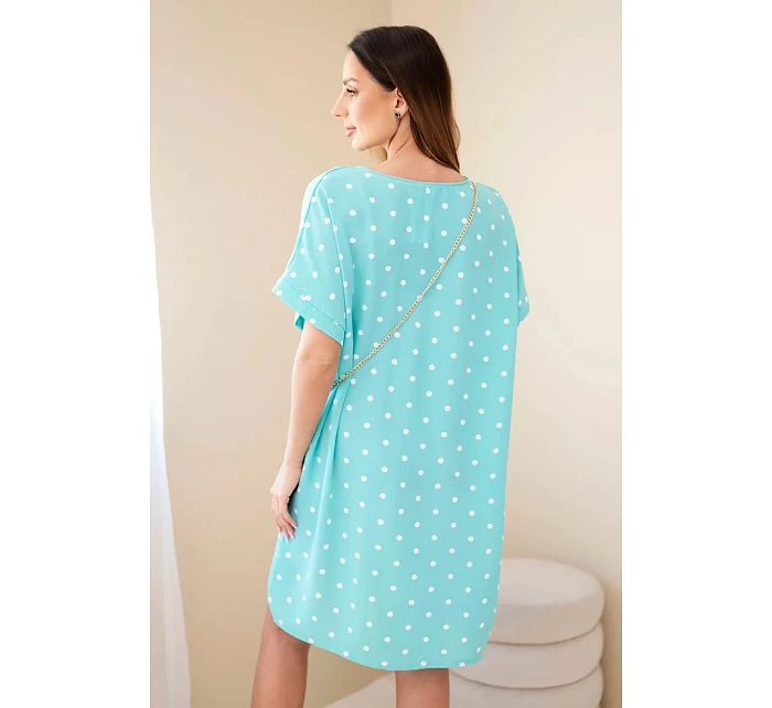Dámske šaty s bodkami, krátkymi rukávmi a kabelkou mätovej farby