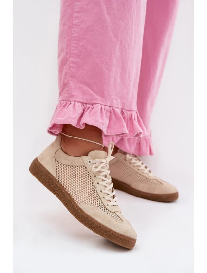 Kožené semišové dámské tenisky s síťovinou model 22027653 Béžové - Zazoo