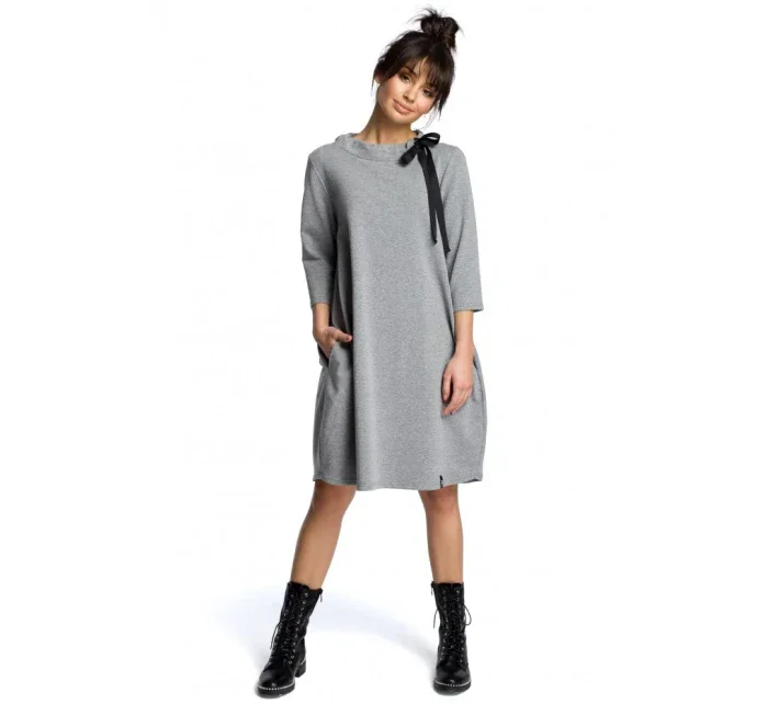 B070 Nadmerné šaty s opaskom na zaväzovanie - sivé