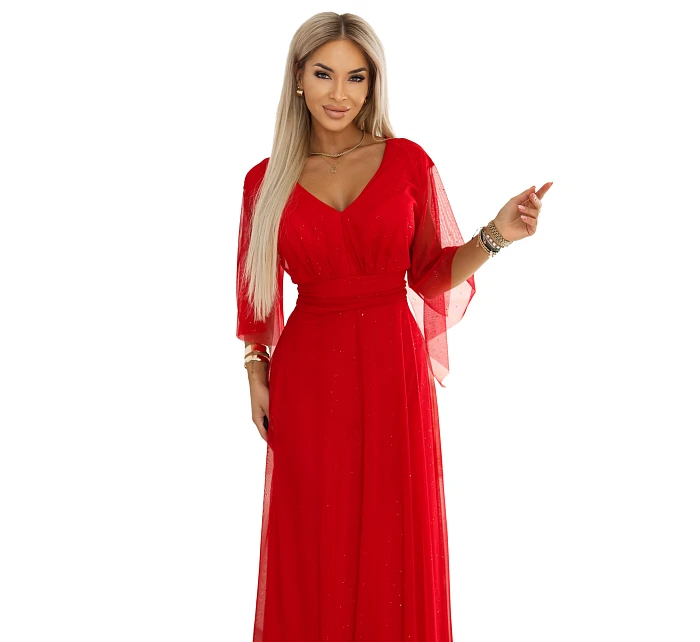 655-5 Dlhé svetlé trblietavé šaty s výstrihom a priehľadnými rukávmi - červené 655-5 Dlhé svetlé trblietavé šaty s výstrihom a priehľadnými rukávmi - červené