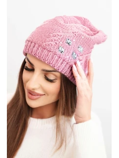 Dámska zimná vlnená čiapka s ozdobnými aplikáciami K468 tmavoružová