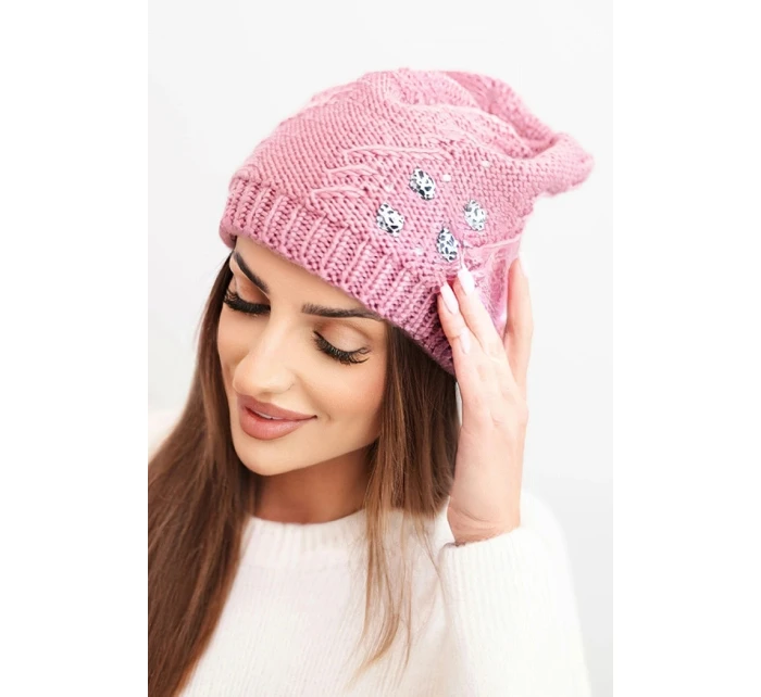 Dámska zimná vlnená čiapka s ozdobnými aplikáciami K468 tmavoružová