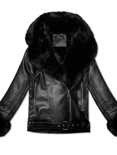 Dámska bunda s kožušinovým golierom (61M8507-392A) čierna - Goodlooking