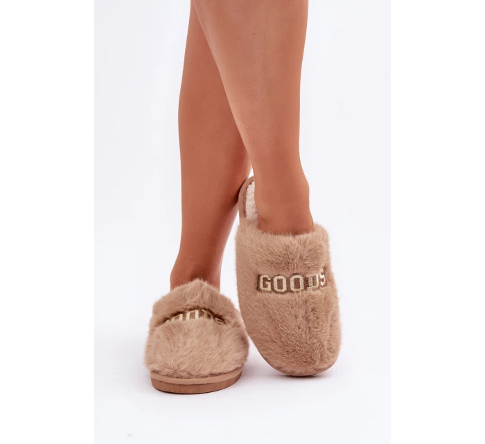 Kapcie Damskie Z Futerkiem I Napisem Brązowe Kalelia