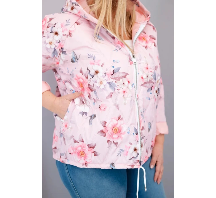 Dámska jarná prešívaná bunda s kapucňou a kvetinovým vzorom Powder Pink