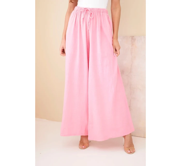 Dámské široké bavlněné kalhoty s gumou v pase cukrově růžová