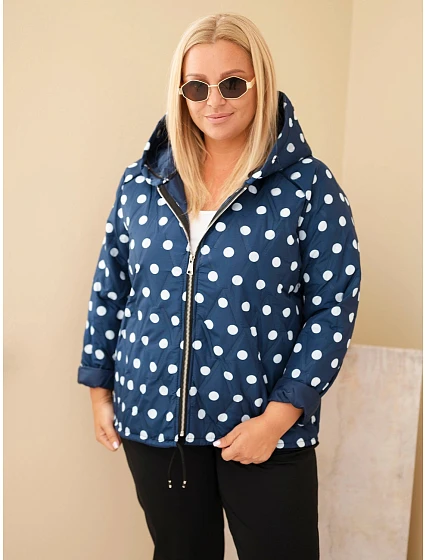Dámská bunda Plus Size s kapucí a puntíky modrá granatowa
