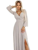 třpytivé dlouhé šaty s výstřihem, dlouhými rukávy a rozparkem na nohou BEACH model 20997233 - numoco