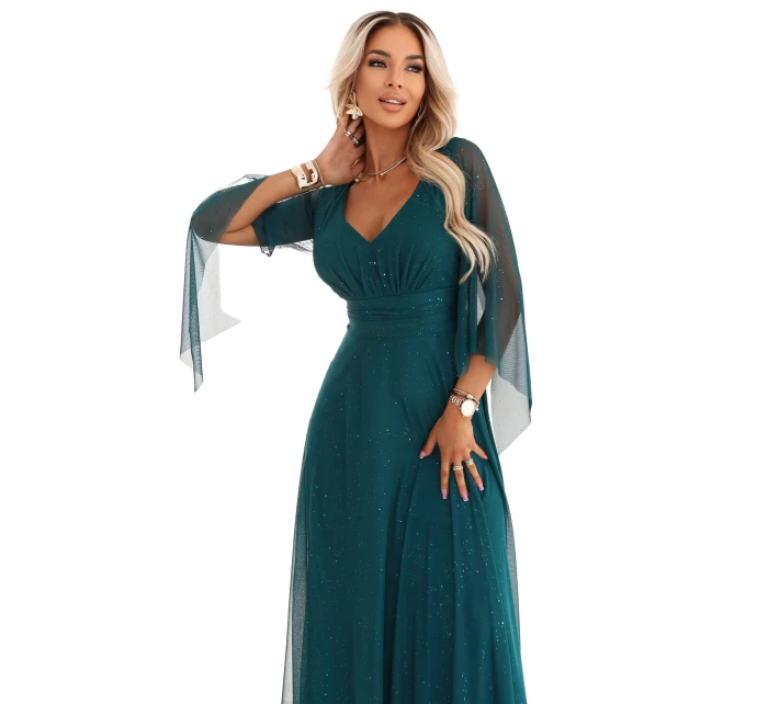 Dlouhé lehké třpytivé šaty s výstřihem a rukávy zelené model 21802212 - numoco basic Dlouhé lehké třpytivé šaty s výstřihem a rukávy zelené model 21802212 - numoco basic