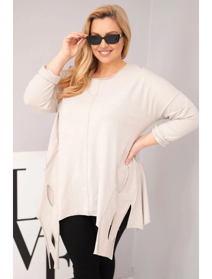 Dámská bavlněná blůza Plus Size s asymetrickým spodním lemem a výřezy béžová