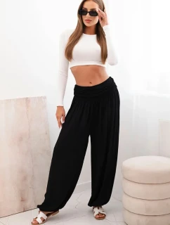 Dámske viskózové nohavice so širokými nohavicami a volánmi čierne