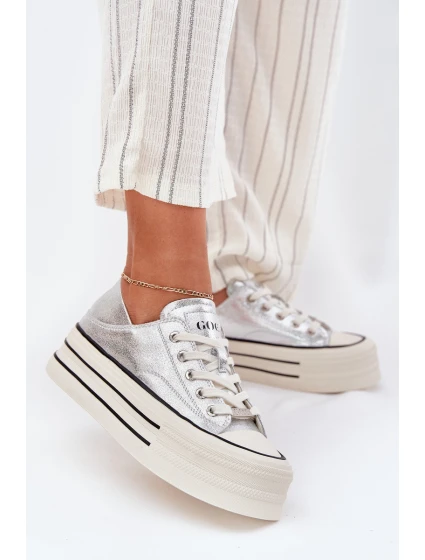 Dámské Kožené Tenisky Na Platformě model 21691401 Stříbrné - Goe
