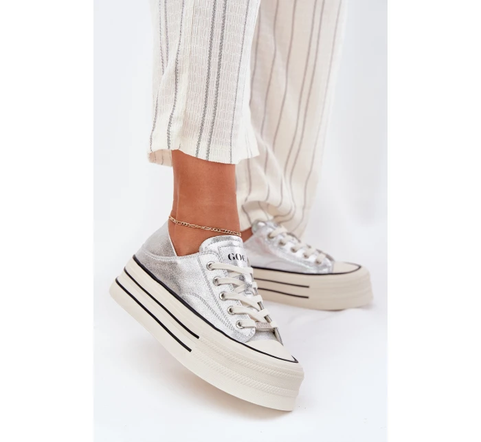 Dámské Kožené Tenisky Na Platformě model 21691401 Stříbrné - Goe