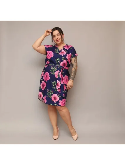 Tmavomodré dámske kvetinové šaty s opaskom (744) Tmavomodré dámske kvetinové šaty s opaskom (744)