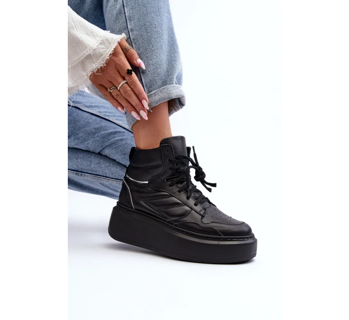 Zazoo 3392/X Damskie Skórzane Buty Sportowe Na Platformie Czarne
