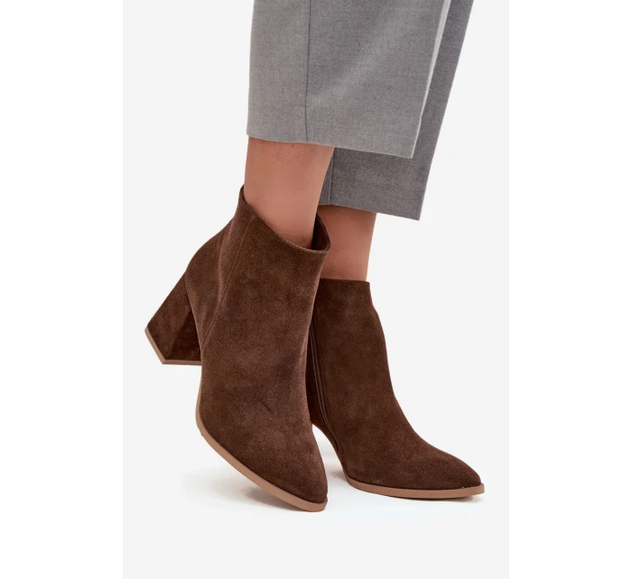 Botki Z Naturalnego Zamszu Obcas Słupek Ocieplane Brązowe Zazoo 3128