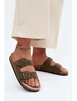 Dámské pantofle s přezkami na korkové podrážce tmavě zelené model 22140697 - Boto